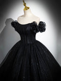 solvbao Sparkly Tulle Black Sweetheart Ball Gown, A-Line Off the Shoulder Evening Dress