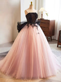 solvbao Black and Pink Tulle Lace Long Prom Dress, A-Line Strapless Evening Sweet 16 Dress