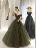 solvbao Green Tulle Long A-Line Prom Dress, Off the Shoulder Long Sleeve Tulle Party Dress