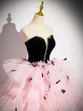 solvbao Pink Tulle and Black Velvet Strapless Party Gown, Pink Backless Ruffles Formal Evening Dress