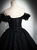 solvbao Sparkly Tulle Black Sweetheart Ball Gown, A-Line Off the Shoulder Evening Dress