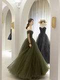 solvbao Green Tulle Long A-Line Prom Dress, Off the Shoulder Long Sleeve Tulle Party Dress