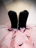 solvbao Pink Tulle and Black Velvet Strapless Party Gown, Pink Backless Ruffles Formal Evening Dress