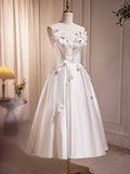 solvbao White Spaghetti Strap Satin Short Prom Dress, White V-Neck Evening Party Dress