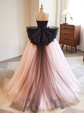 solvbao Black and Pink Tulle Lace Long Prom Dress, A-Line Strapless Evening Sweet 16 Dress