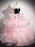 solvbao Pink Tulle and Black Velvet Strapless Party Gown, Pink Backless Ruffles Formal Evening Dress