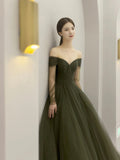 solvbao Green Tulle Long A-Line Prom Dress, Off the Shoulder Long Sleeve Tulle Party Dress