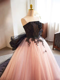 solvbao Black and Pink Tulle Lace Long Prom Dress, A-Line Strapless Evening Sweet 16 Dress