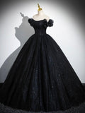 solvbao Sparkly Tulle Black Sweetheart Ball Gown, A-Line Off the Shoulder Evening Dress