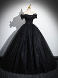 solvbao Sparkly Tulle Black Sweetheart Ball Gown, A-Line Off the Shoulder Evening Dress