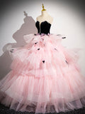 solvbao Pink Tulle and Black Velvet Strapless Party Gown, Pink Backless Ruffles Formal Evening Dress