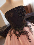 solvbao Black and Pink Tulle Lace Long Prom Dress, A-Line Strapless Evening Sweet 16 Dress