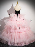 solvbao Pink Tulle and Black Velvet Strapless Party Gown, Pink Backless Ruffles Formal Evening Dress