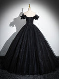 solvbao Sparkly Tulle Black Sweetheart Ball Gown, A-Line Off the Shoulder Evening Dress