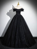 solvbao Sparkly Tulle Black Sweetheart Ball Gown, A-Line Off the Shoulder Evening Dress