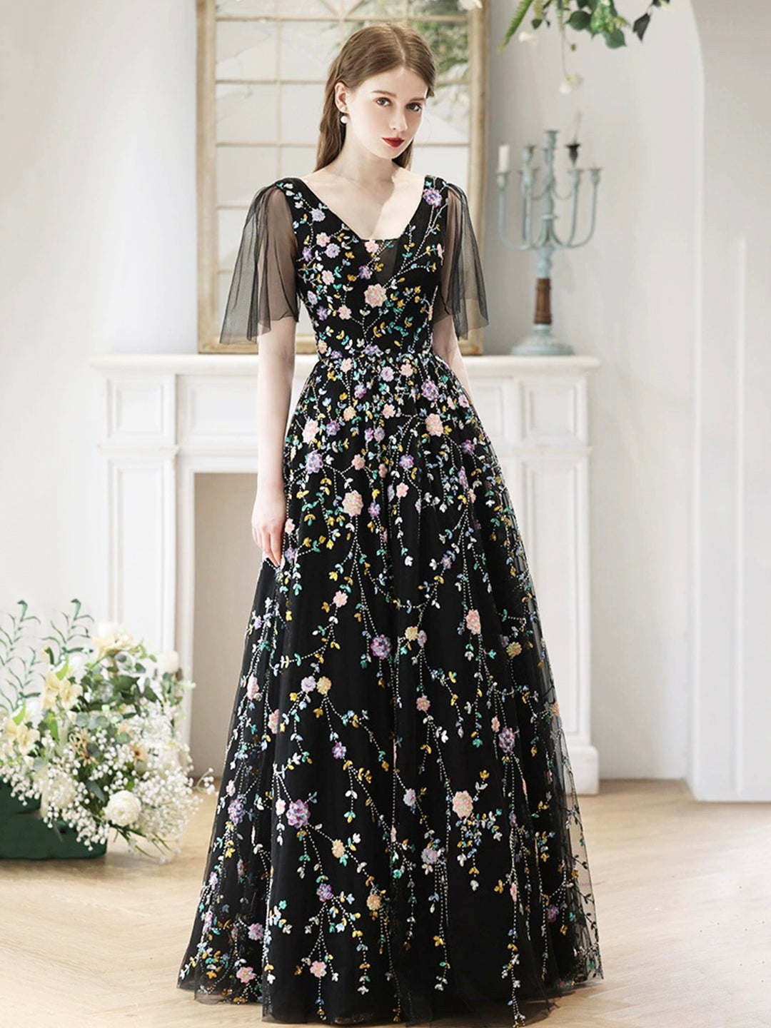 solvbao Black V-Neck Tulle Sequins Long Prom Dress, Black A-Line Evening Party Dress