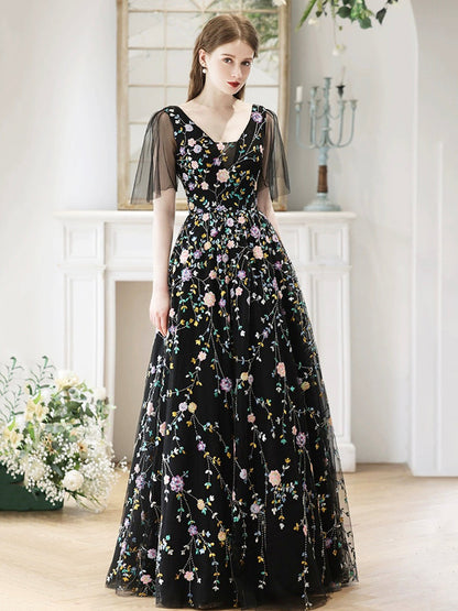 solvbao Black V-Neck Tulle Sequins Long Prom Dress, Black A-Line Evening Party Dress