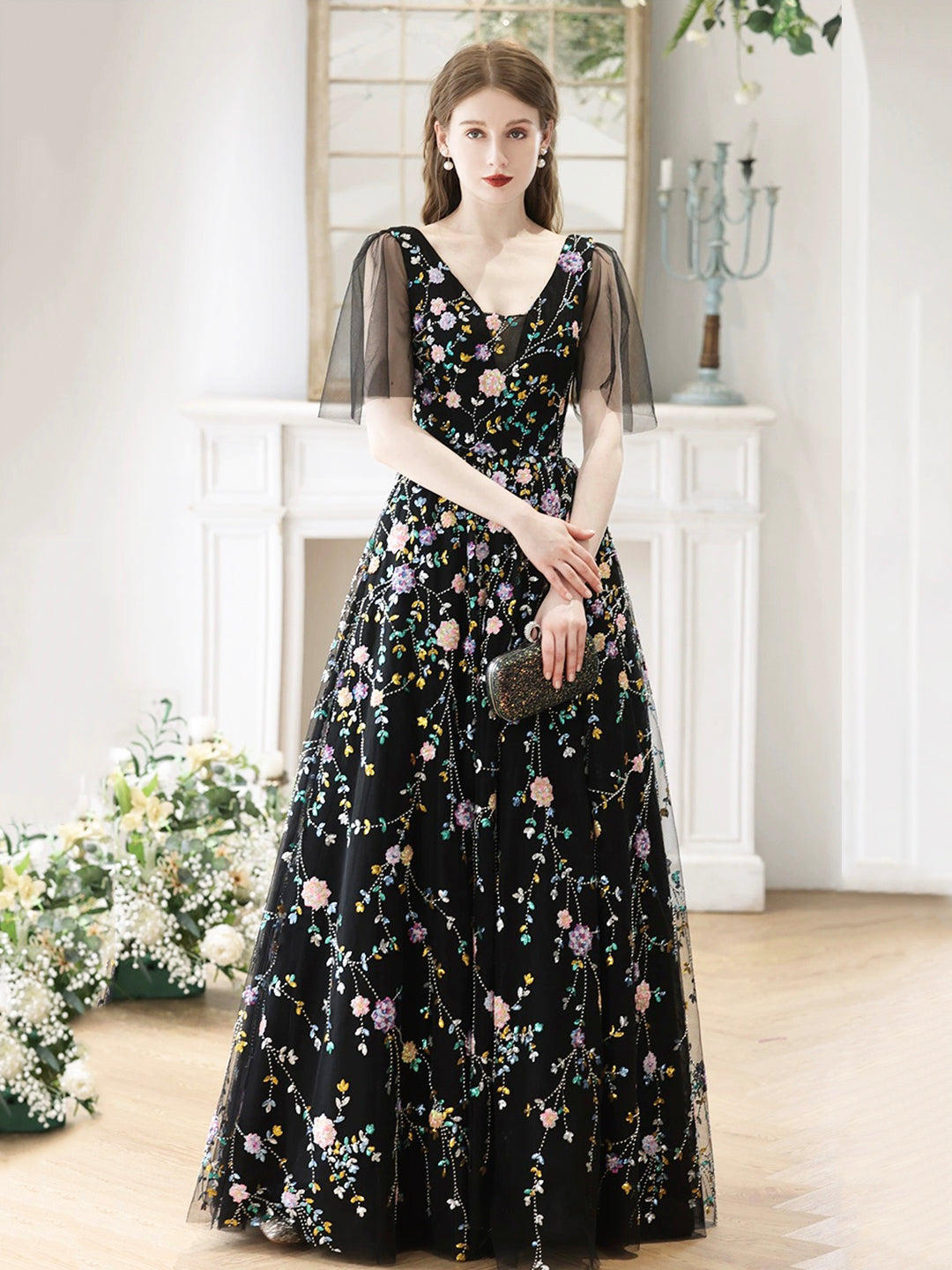 solvbao Black V-Neck Tulle Sequins Long Prom Dress, Black A-Line Evening Party Dress