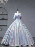 solvbao Blue Tulle Sequins Long Formal Dress, Off the Shoulder Princess Dress Sweet 16 Dress