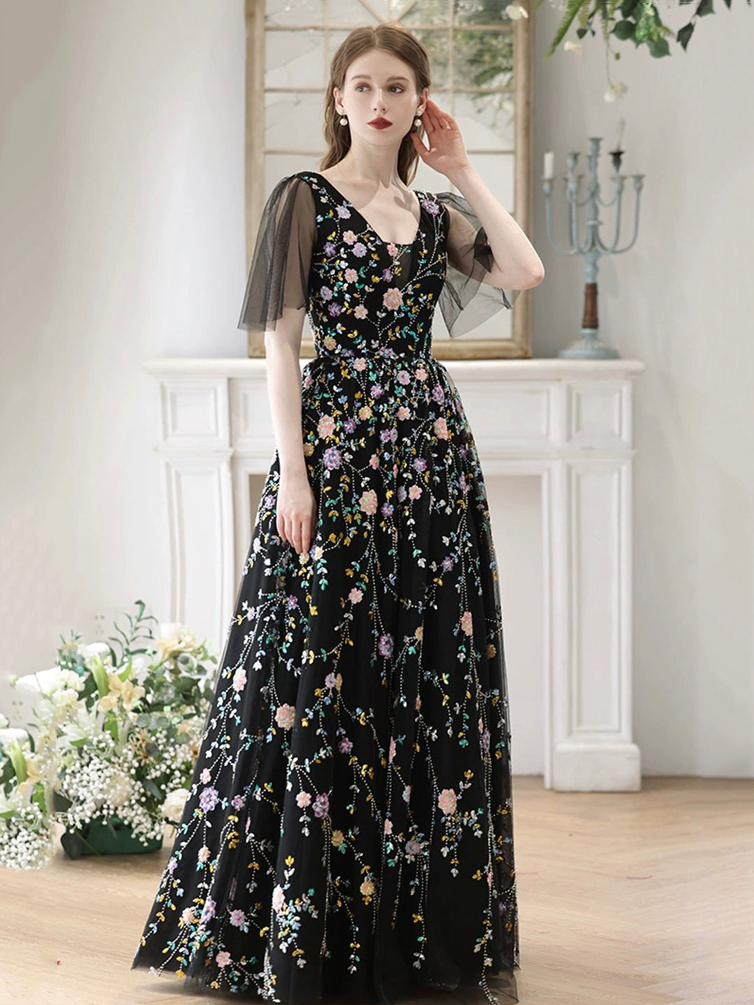 solvbao Black V-Neck Tulle Sequins Long Prom Dress, Black A-Line Evening Party Dress