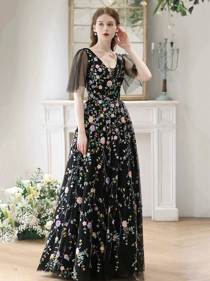 solvbao Black V-Neck Tulle Sequins Long Prom Dress, Black A-Line Evening Party Dress