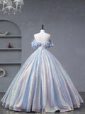 solvbao Blue Tulle Sequins Long Formal Dress, Off the Shoulder Princess Dress Sweet 16 Dress