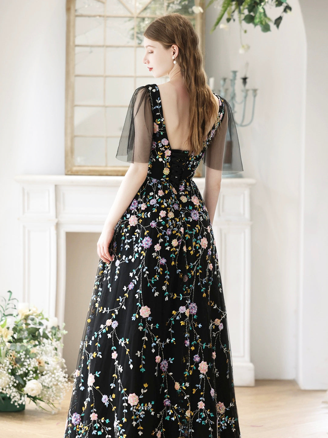 solvbao Black V-Neck Tulle Sequins Long Prom Dress, Black A-Line Evening Party Dress