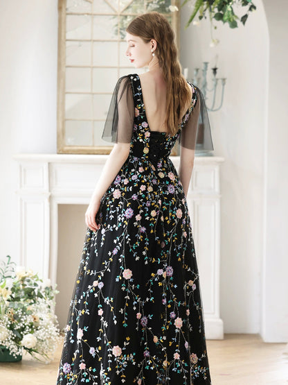 solvbao Black V-Neck Tulle Sequins Long Prom Dress, Black A-Line Evening Party Dress