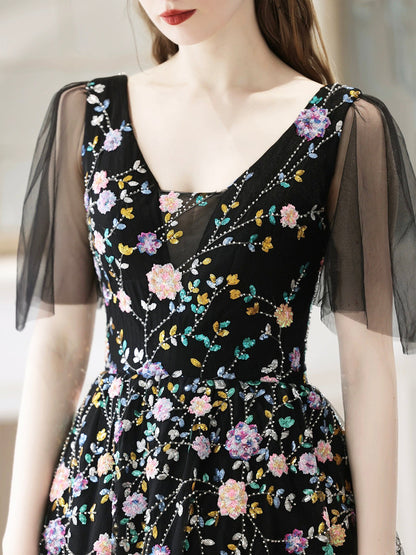 solvbao Black V-Neck Tulle Sequins Long Prom Dress, Black A-Line Evening Party Dress