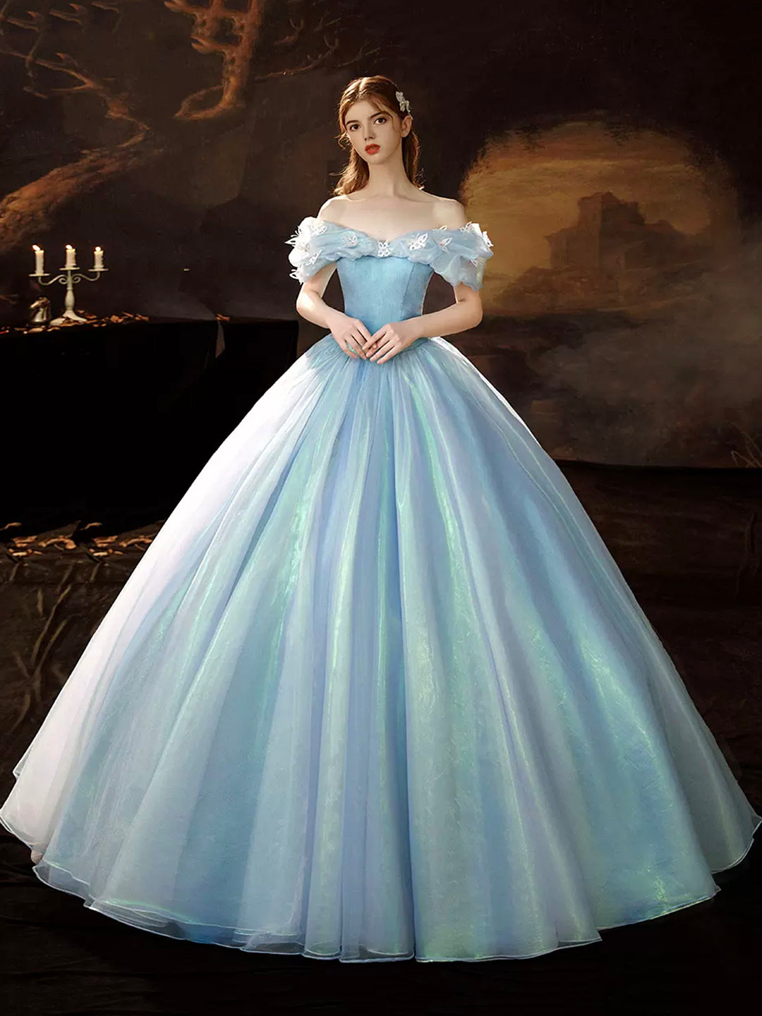 solvbao A-Line Blue Princess Dress, Off the Shoulder Organza Butterfly Formal Dress