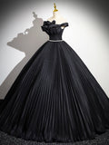 solvbao Black Pleated Long A-line Party Gown with Rhinestone Sash, Elegant Off the Shoulder Formal Evening Dress