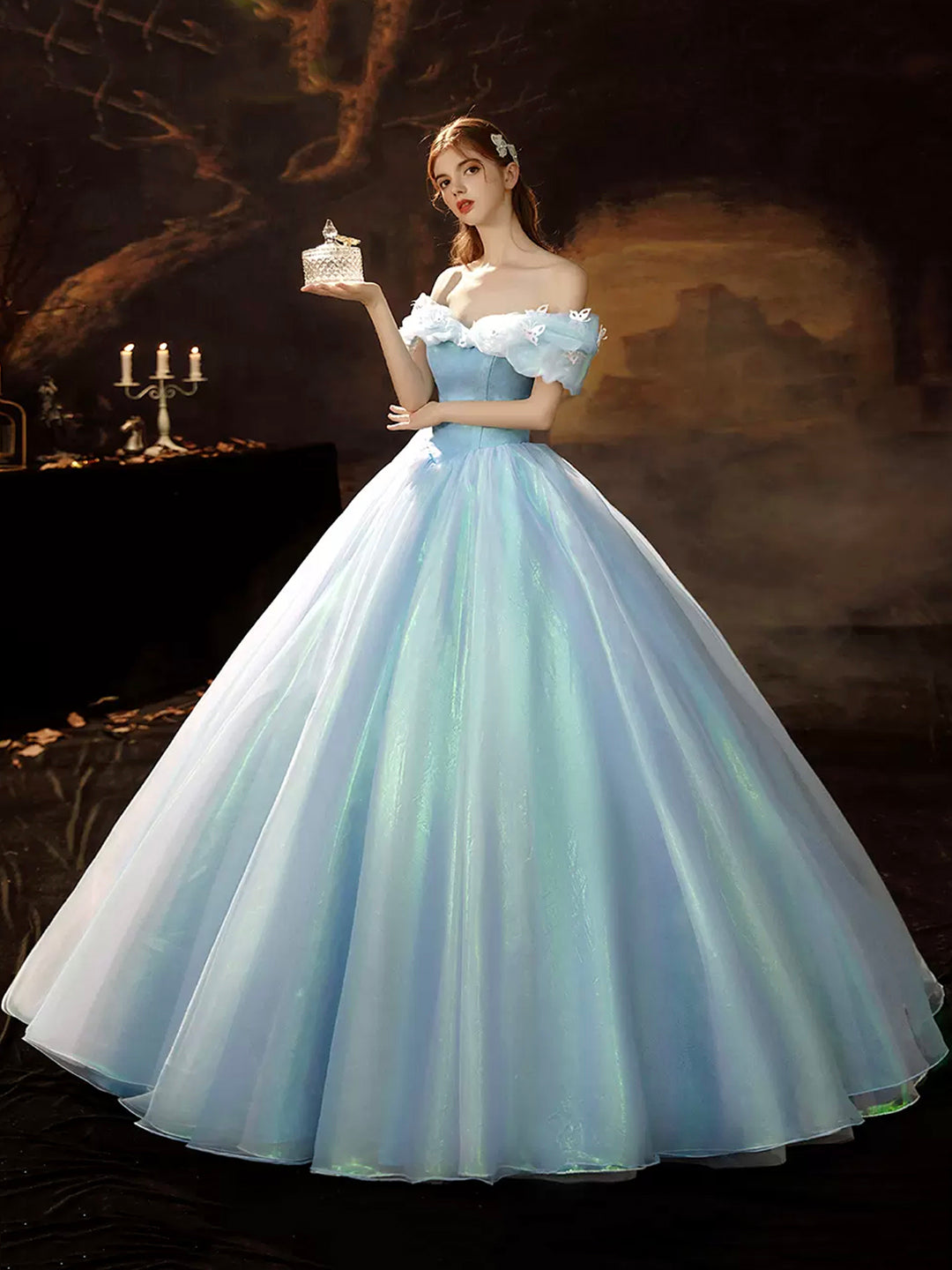 solvbao A-Line Blue Princess Dress, Off the Shoulder Organza Butterfly Formal Dress