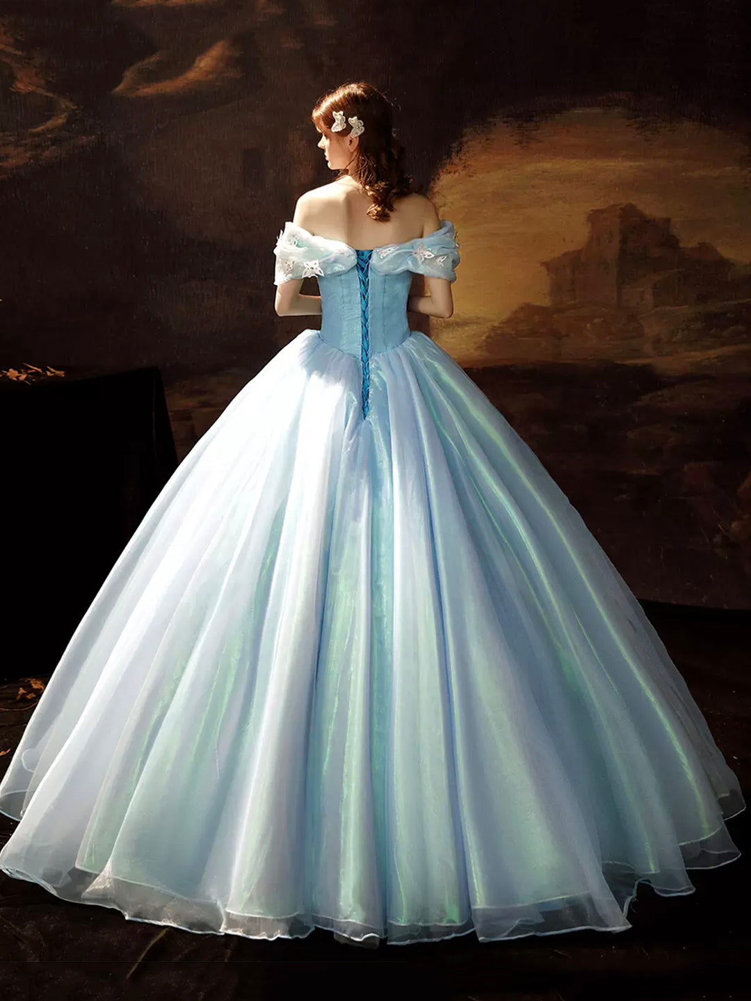 solvbao A-Line Blue Princess Dress, Off the Shoulder Organza Butterfly Formal Dress