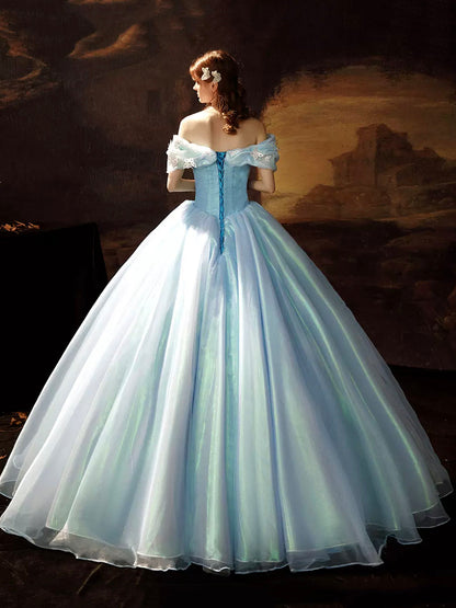 solvbao A-Line Blue Princess Dress, Off the Shoulder Organza Butterfly Formal Dress