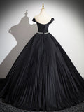 solvbao Black Pleated Long A-line Party Gown with Rhinestone Sash, Elegant Off the Shoulder Formal Evening Dress