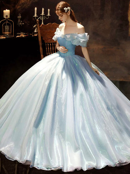 solvbao A-Line Blue Princess Dress, Off the Shoulder Organza Butterfly Formal Dress