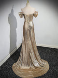 solvbao Gold  Sequins Floor Length Prom Dress, Mermaid Off the Shoulder Evening Party Dress