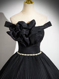 solvbao Black Pleated Long A-line Party Gown with Rhinestone Sash, Elegant Off the Shoulder Formal Evening Dress