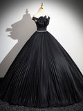 solvbao Black Pleated Long A-line Party Gown with Rhinestone Sash, Elegant Off the Shoulder Formal Evening Dress