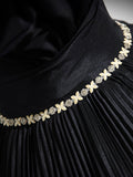 solvbao Black Pleated Long A-line Party Gown with Rhinestone Sash, Elegant Off the Shoulder Formal Evening Dress