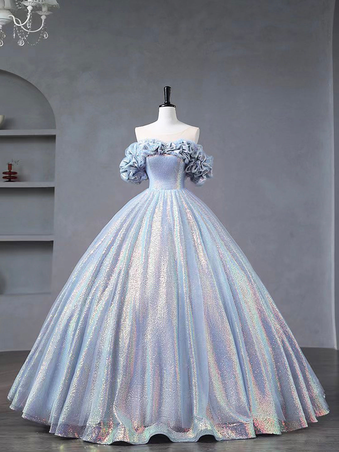 solvbao Blue Tulle Sequins Long Formal Dress, Off the Shoulder Princess Dress Sweet 16 Dress