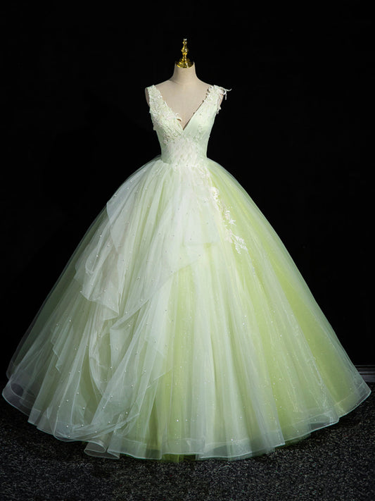 solvbao Green V-Neck Tulle Lace Long Prom Dress, A-Line Sleeveless Evening Dress