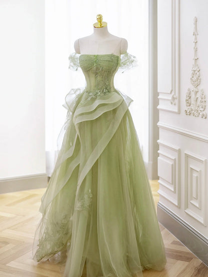 solvbao Green Tulle Long Floor Length Prom Dress, Beautiful A-Line Evening Party Dress with Lace