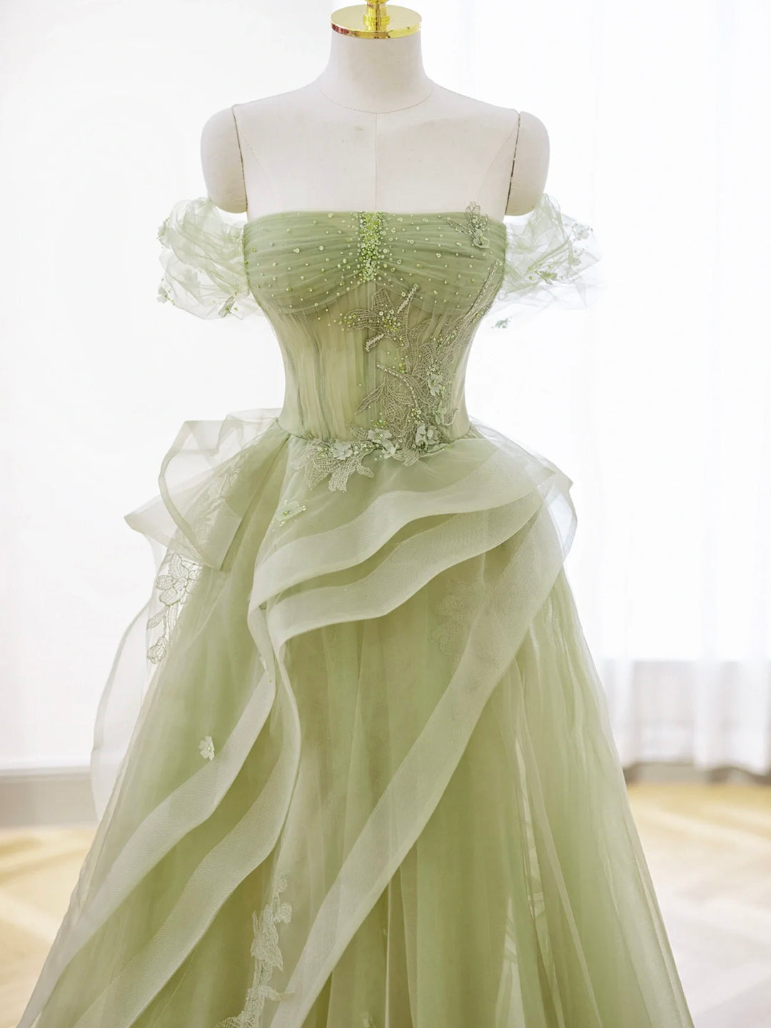 solvbao Green Tulle Long Floor Length Prom Dress, Beautiful A-Line Evening Party Dress with Lace