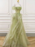 solvbao Green Tulle Long Floor Length Prom Dress, Beautiful A-Line Evening Party Dress with Lace