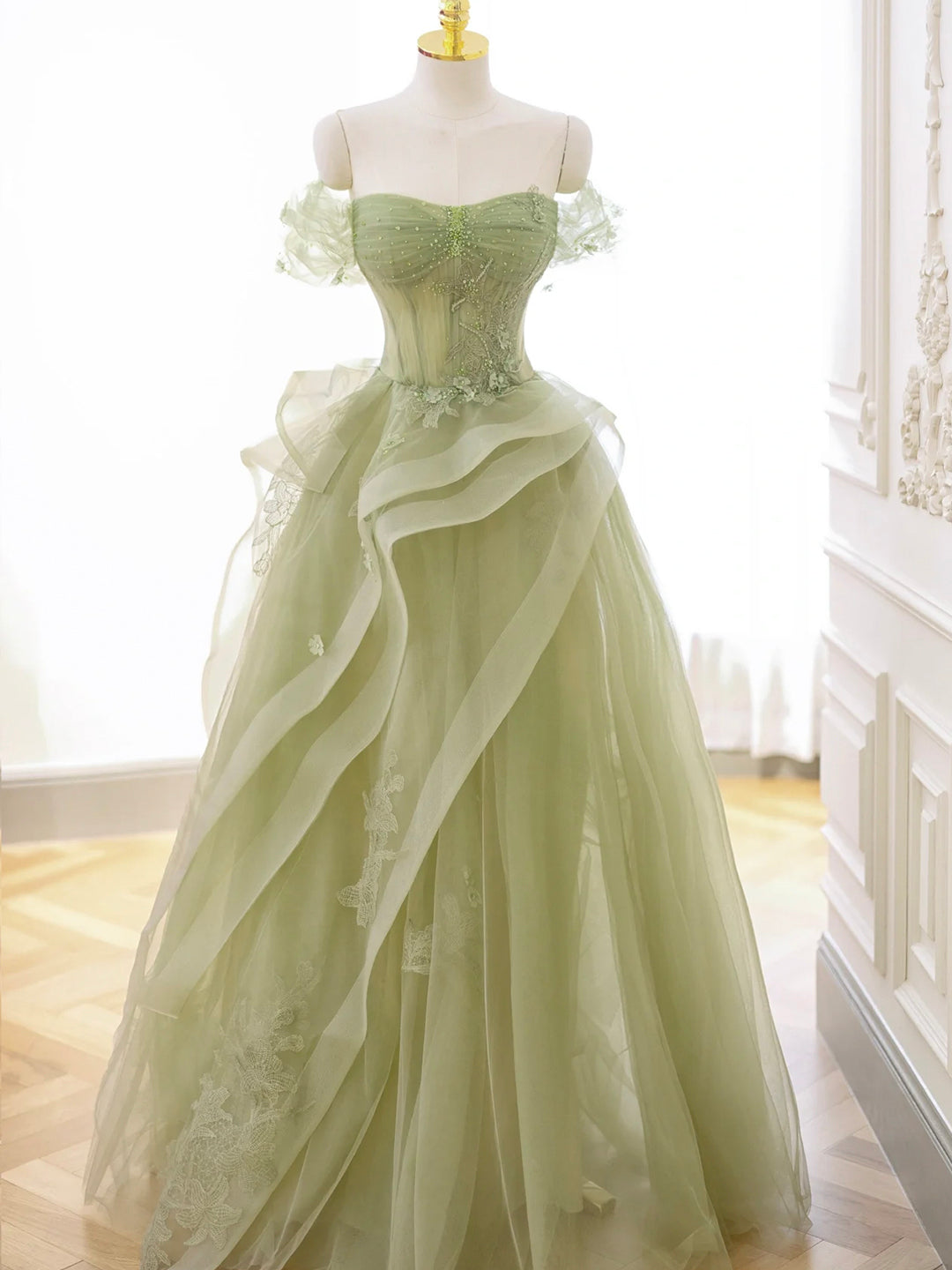 solvbao Green Tulle Long Floor Length Prom Dress, Beautiful A-Line Evening Party Dress with Lace