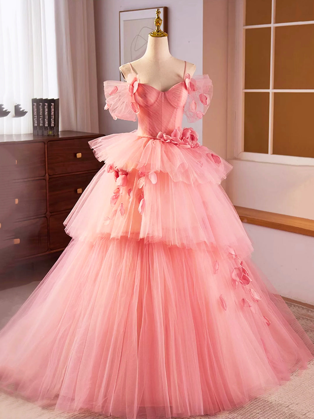 solvbao Pink Spaghetti Strap Tulle Long Prom Dress, Beautiful A-Line Sweet 16 Dress