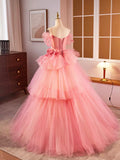 solvbao Pink Spaghetti Strap Tulle Long Prom Dress, Beautiful A-Line Sweet 16 Dress