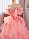 solvbao Pink Spaghetti Strap Tulle Long Prom Dress, Beautiful A-Line Sweet 16 Dress