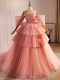 solvbao Pink Sweetheart Neck Tulle Long Ball Gown, Beautiful A-Line Evening Party Gown